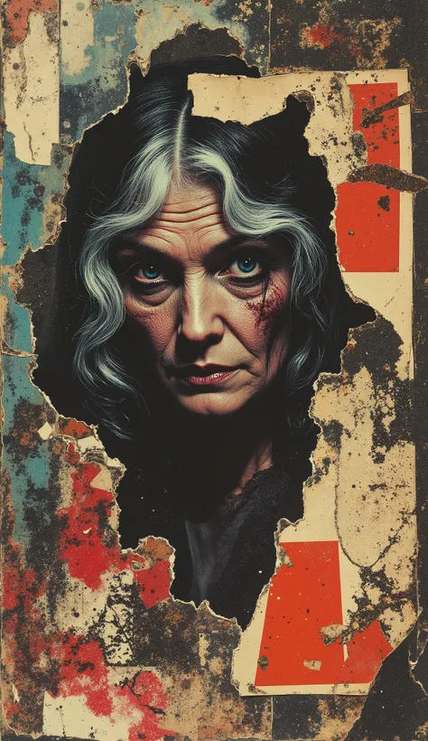 film(1929), directed by Luis Buñuel, Surreal retro collage artwork composed of cutouts from vintage horror magazines, chaotic and rebellious composition, torn paper textures, bold pop colors, absurd juxtapositions, sinister nostalgic aesthetic. Hidden with...