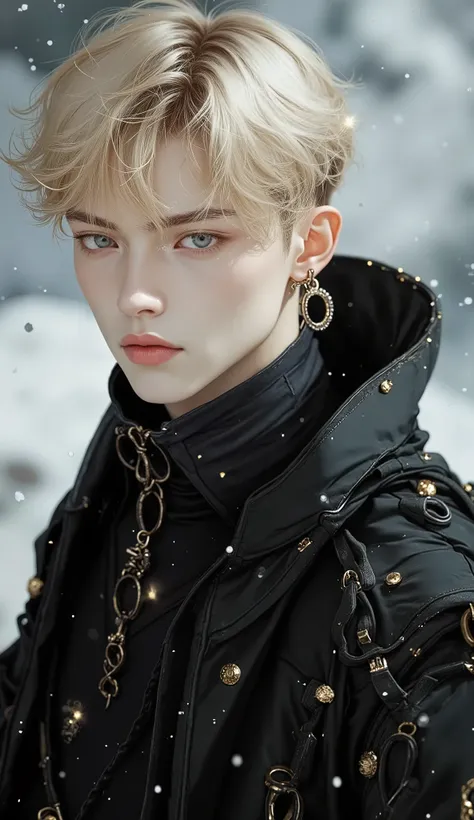 Boy, slightly long blonde hair, dark blue eyes, sharp features, white skin, light pink lips, handsome, perfect, elegant, wearing winter clothes, bright and clear colors, high resolution.