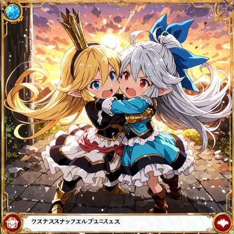 "Wild Gunners" game screenshot, . Fight Yourself, Pixel Retro Game, replaced with cartoon-style elves. Sunset,，charlotta, Granblue Fantasy, blonde hair, blue eyes, dwarf, crown, pointy ears.  ( masterpiece, best quality:1.2) ，PDXL,  Charlotte, turquoise fa...