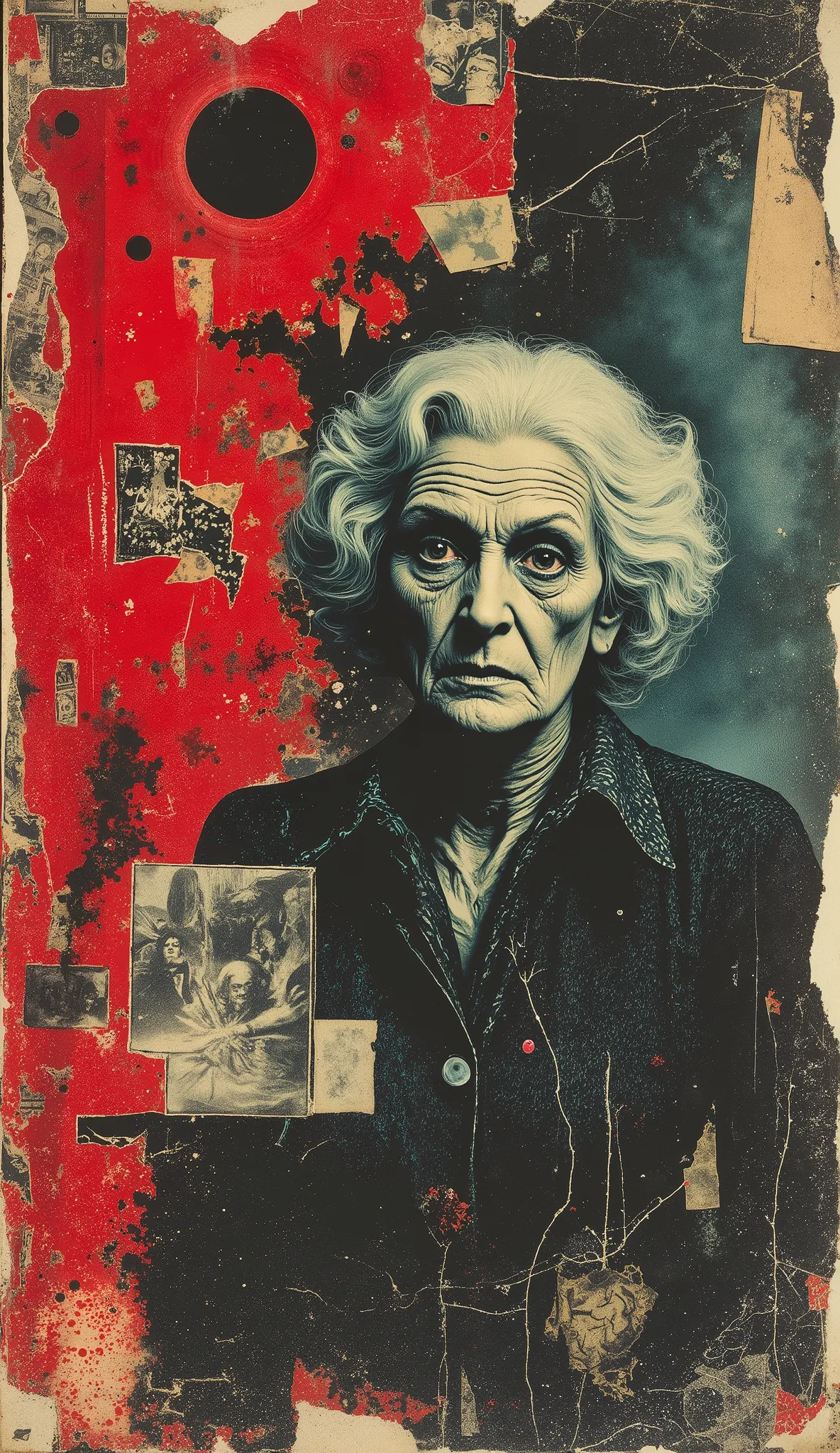 film(1929), directed by Luis Buñuel, Surreal retro collage artwork composed of cutouts from vintage horror magazines, chaotic and rebellious composition, torn paper textures, bold pop colors, absurd juxtapositions, sinister nostalgic aesthetic. Hidden with...
