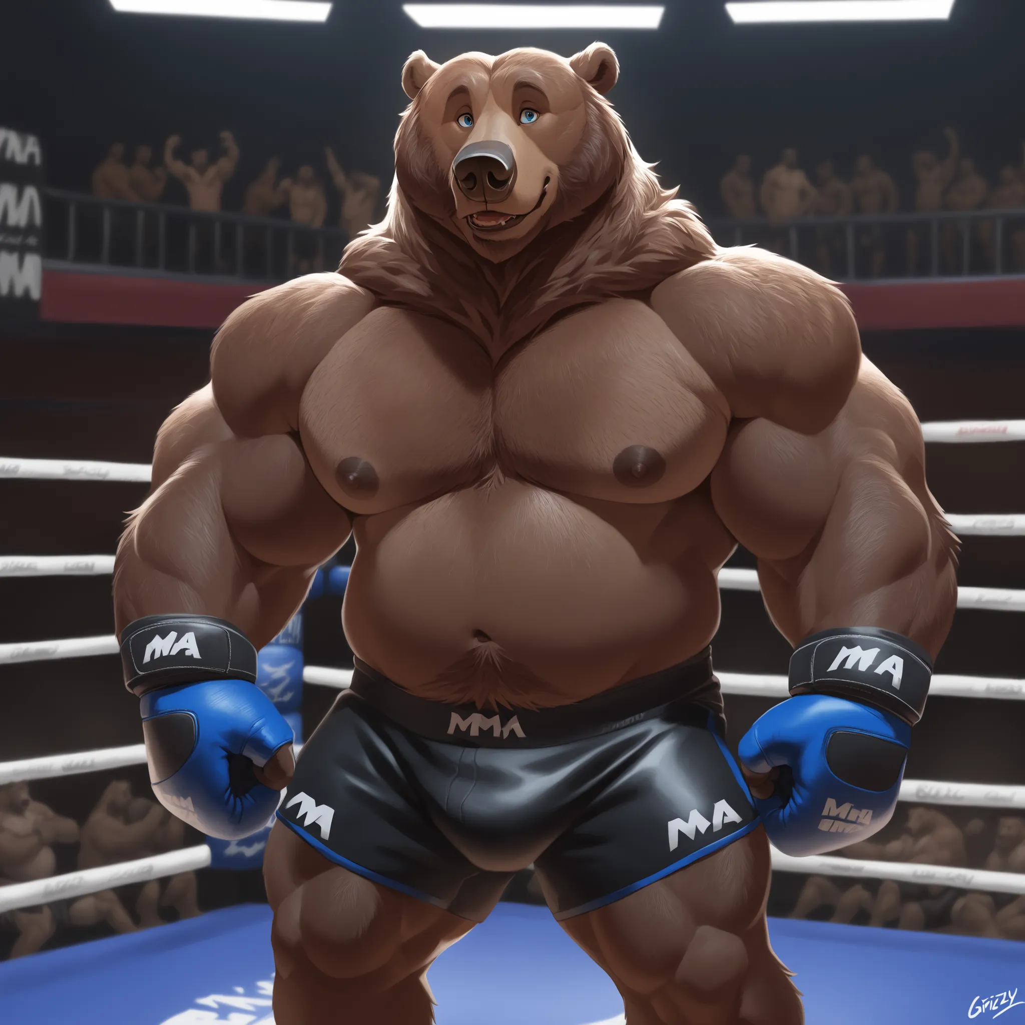 solo, massive muscular old man, grizzly bear, brown fur, in the fighting arena, cage ring background, old, detailed eyes, pec focus, buzz cut, shirtless, topless, flex, posing, bearded, chubby, looking to viewer, very huge pectoral, black MMA shorts with b...