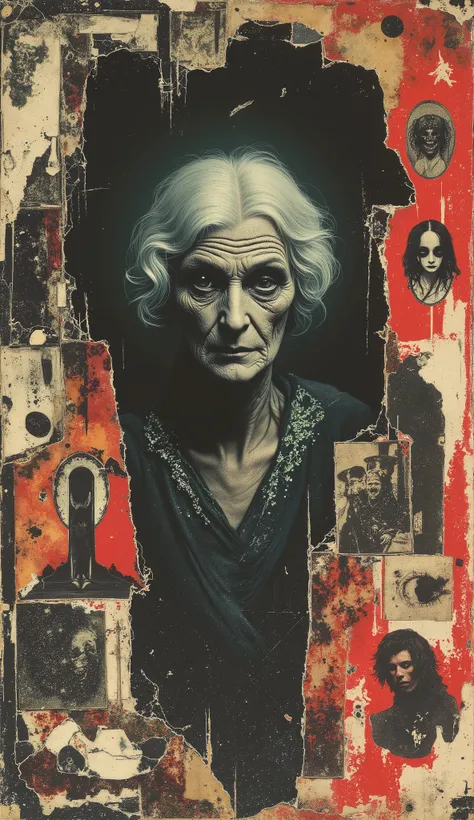 film(1929), directed by Luis Buñuel, Surreal retro collage artwork composed of cutouts from vintage horror magazines, chaotic and rebellious composition, torn paper textures, bold pop colors, absurd juxtapositions, sinister nostalgic aesthetic. Hidden with...