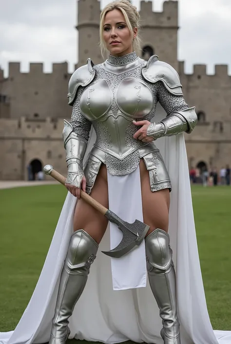 A Medieval Female Warrior, Elegant, Medieval, Silver Medieval Knight Helmet, Unrealistic Large Breasts, Wide Hips, Thin Waist, Full Micro Sexy silver armor with a cleavage and white cape, Holding a Battle Axe, Sexy Body, Defined Muscles and Abs, Lean Muscl...