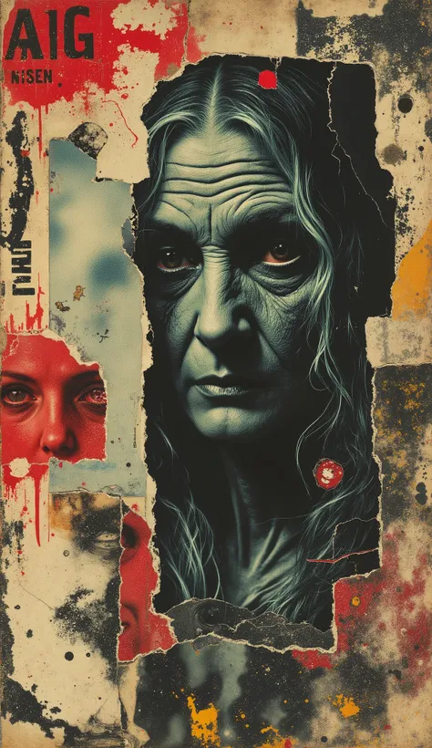 film(1929), directed by Luis Buñuel, Surreal retro collage artwork composed of cutouts from vintage horror magazines, chaotic and rebellious composition, torn paper textures, bold pop colors, absurd juxtapositions, sinister nostalgic aesthetic. Hidden with...