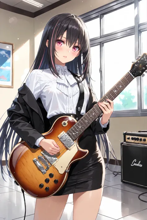 8k, ultra high resolution, hyper-detailed, anime style, cinematic lighting,
(anime woman:1.3), (medium-framed portrait head to mid-thigh:1.1), (long straight black hair with subtle highlights:1.2), (bright engaging eyes with natural dimples:1.1), (natura...