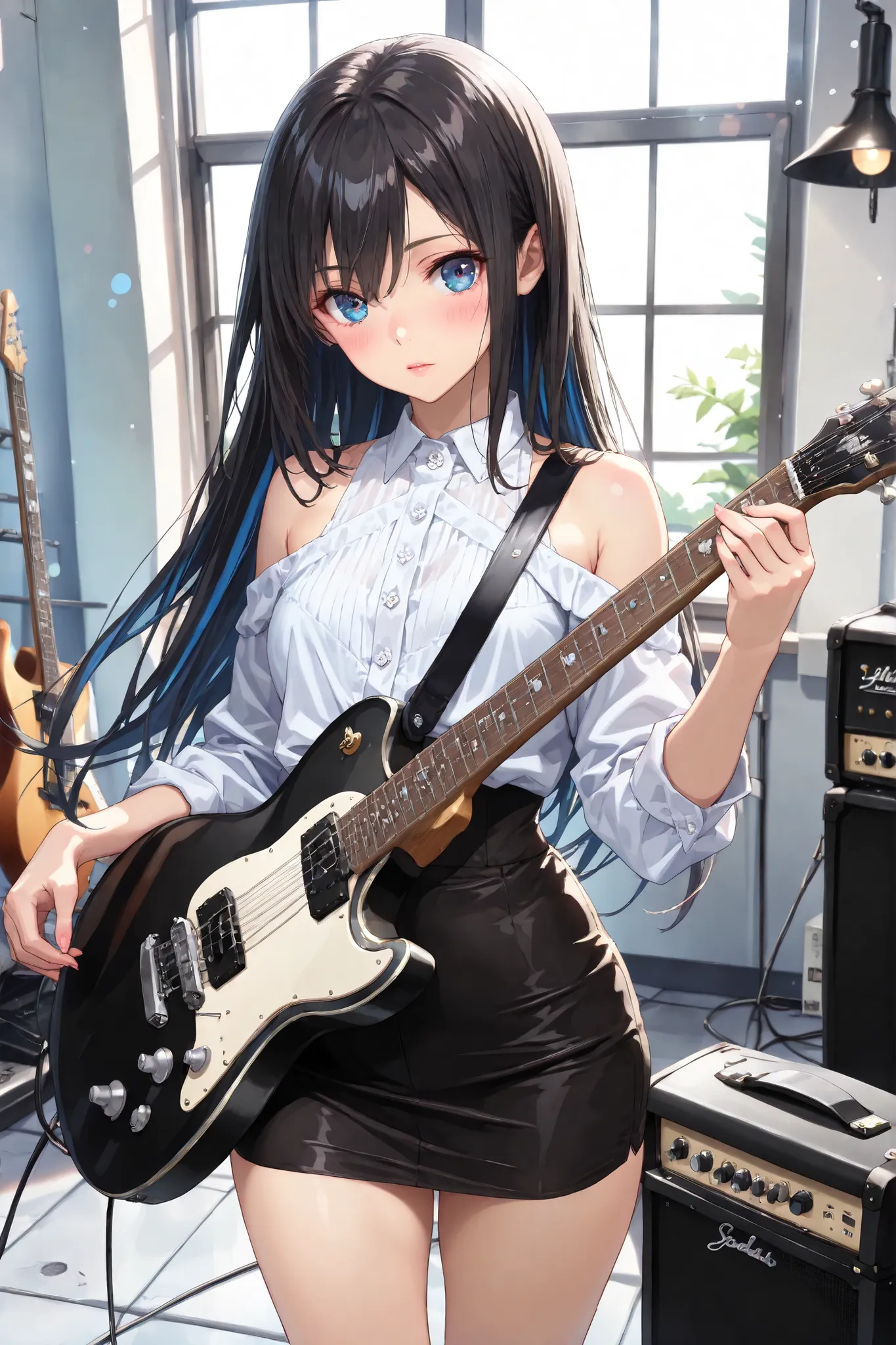 8k, ultra high resolution, hyper-detailed, anime style, cinematic lighting,
(anime woman:1.3), (medium-framed portrait head to mid-thigh:1.1), (long straight black hair with subtle highlights:1.2), (bright engaging eyes with natural dimples:1.1), (natura...