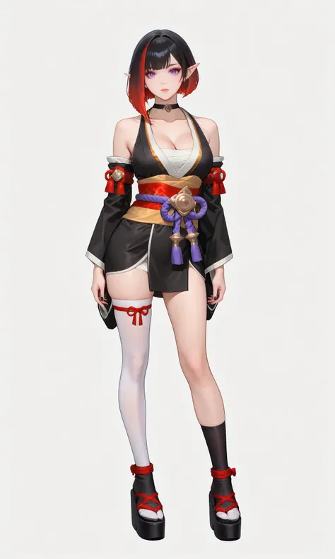 1girl, lean_body, (full_body, front view, standing, simple_background, white_background, looking_at_viewer, ),karina_spiderlily, short hair, asymmetrical hair, multicolored hair, black hair, red hair, streaked hair, bangs, ombre hair, gradient hair, pointy...