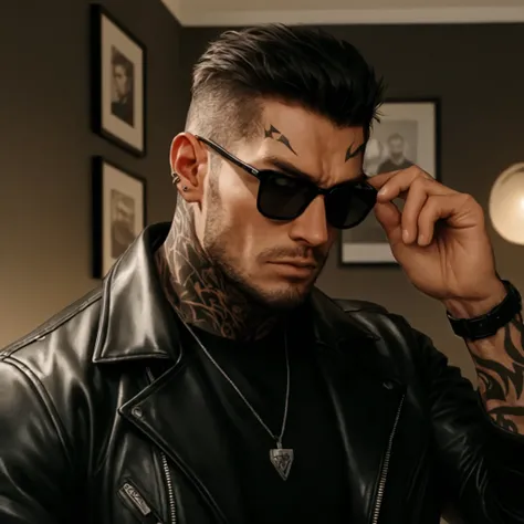 arafed man with tattoos on his arms and neck wearing a leather jacket, tattooed man, menacing look, bodybuilder ernest khalimov, wearing cyberpunk leather jacket, stern look, with sunglasses, portrait of ernest khalimov, wear a piercing in ears, badass loo...