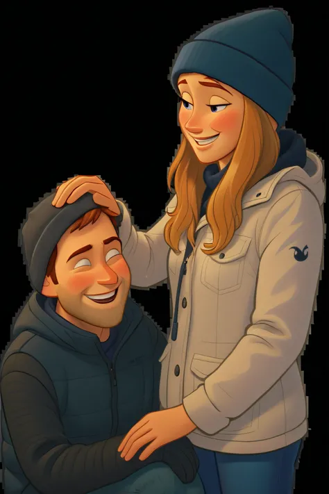 A heartfelt Pixar-style 3D animated portrait of a smiling couple posing closely, heads gently tilted toward each other with a loving and relaxed expression. The man has a friendly, confident smile with expressive stylized eyes, a neatly trimmed beard, and ...