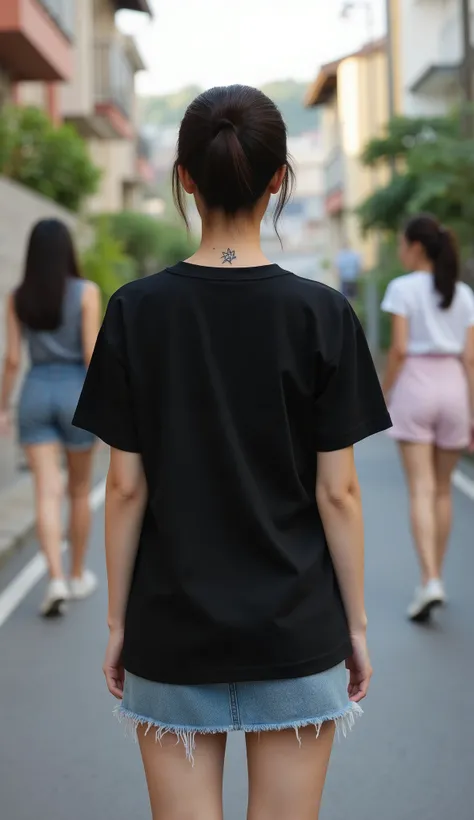 A beautiful Asian woman seen from behind, wearing a plain black t-shirt and a short skirt that clearly reveals part of her thighs. The t-shirt is clearly visible, straight and wrinkle-free, with good lighting to highlight it for a mockup. She has a visible...