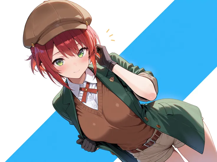 masterpiece,best quality, amazing quality, highres, absurdres, very aesthetic, high resolution, ultra detailed, perfect details,akari, red hair, short hair, bangs,Green Eyes,,,,,,newsboy hat,School uniform, beret, green coat, dress shirt, brown vest, glove...
