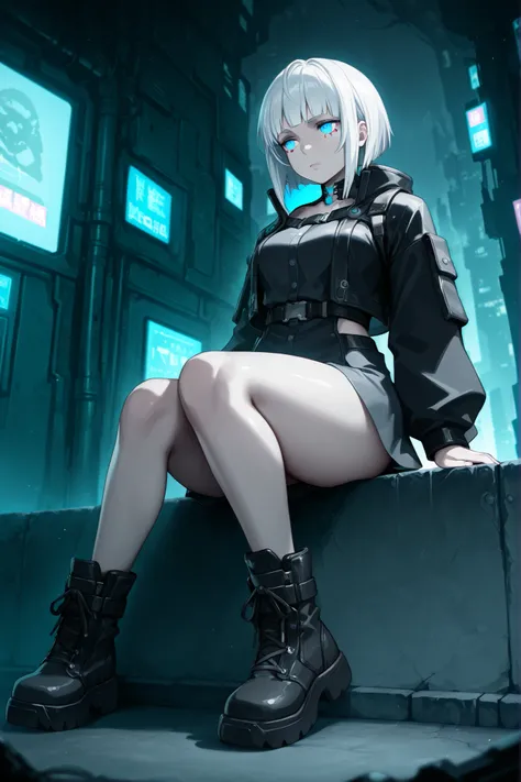 a beautiful adult girl with white hair and bright blue eyes in a dark, futuristic cyberpunk gothic environment with gray tones, the image and gloomy lighting, The girl is wearing shoes and boots. has thick and well-defined thighs.