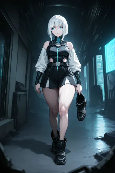 a beautiful adult girl with white hair and bright blue eyes in a dark, futuristic cyberpunk gothic environment with gray tones, the image and gloomy lighting, The girl is wearing shoes and boots. has thick and well-defined thighs.