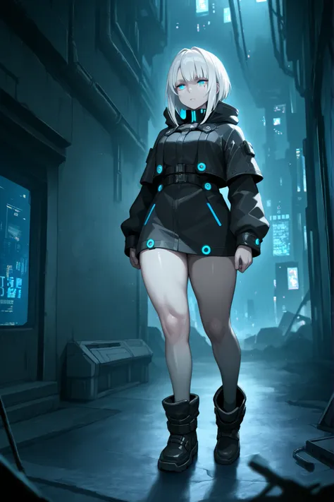 a beautiful adult girl with white hair and bright blue eyes in a dark, futuristic cyberpunk gothic environment with gray tones, the image and gloomy lighting, The girl is wearing shoes and boots. has thick and well-defined thighs.