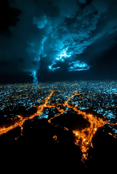 A city skyline at night illuminated by explosions, showing the devastation of war in Gaza, dramatic lighting