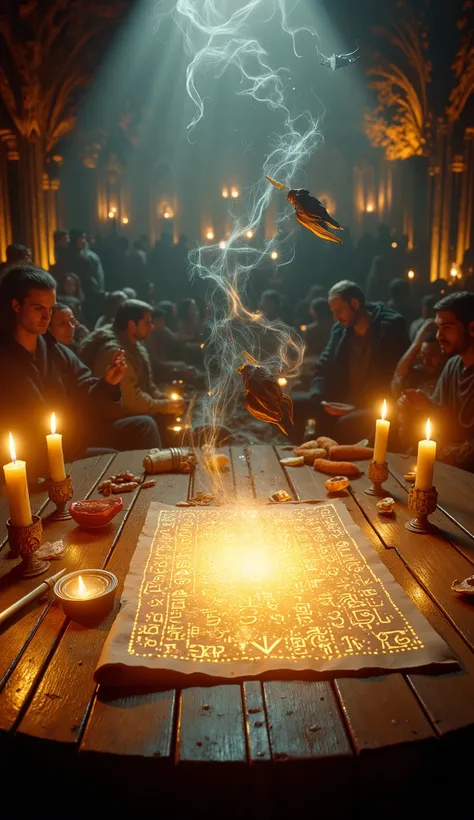 A parchment scroll glowing with magical runes, surrounded by floating quills and swirling mist, set on a wooden table lit by candlelight — in the background, a shadowy crowd of mysterious adventurers waiting their turn — fantasy style, warm golden tones, d...