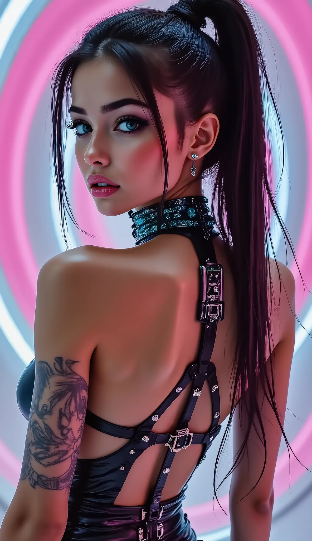  ((beautiful western model:1.8)),(photorealism: 1.4),( hot girl brown skin),(complex and realistic skin texture:1.4),dynamic rear side pose,portrait view, 18yo, very skinny,Honeycomb latex outfit, ((latex top, jewelry covered nipples:1.4)), blue green late...