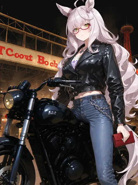 傑作、biwa hayahide(uma musume), yabuki、高品質、8K、1人の女の子, Scout Bobber, Leather jacket, denim pants, wallet chain, ride motorcycle, factory background