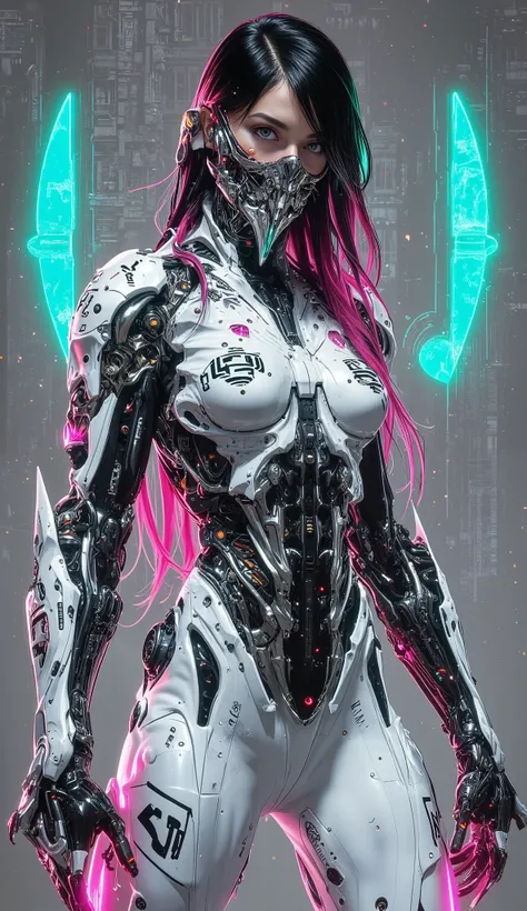 Full body image of a 19-year-old woman, slim but very athletic body, slim waist. 

He has long black hair with pink and turquoise Neon at the tips and with a little hair on his face. piel clara, pink eyes with an eyeliner, slightly pronounced copper lips.
...