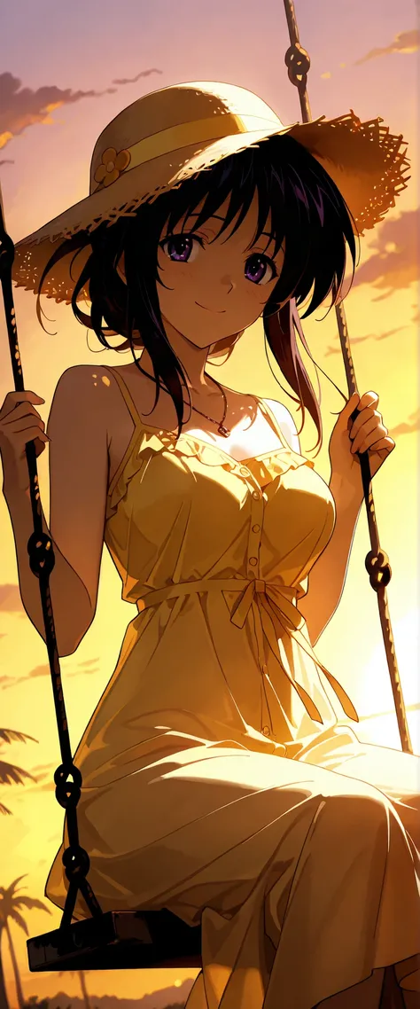 1 woman, akeno himejima, dutch angle, dark hair, violet eyes, summer hat, beautiful necklace, yellow summer dress, sitting on a swing, cheerful smile, windy, outdoors, sunset, chiaroscuro, masterpiece, high quality, highly detailed