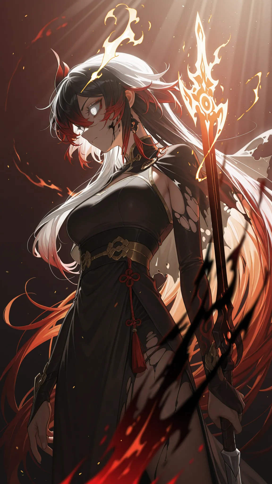 dynamic pose, masterpiece, dramatic lighting, deep lighting, god rays, best quality, amazing quality, very aesthetic, high resolution, ultra-detailed, absurdres, (hands:-0.33),
(1girl:0.33), solo, (quarter shot, upper body shot:1.29), flame trail eyes, mag...