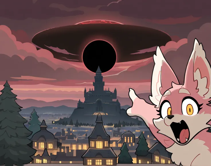 (masterpiece), best quality, expressive eyes, perfect face. female, furry, kemono, anthro, fluffy tail, furry_female, pink_fur, two_soyjaks_pointing_(meme), soyjacks, 2girls, pointing, open mouth, looking at the viewer, :0, eclipse, perfect hands, (pointin...