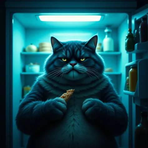 A disgruntled face, a very fat cat, with an open refrigerator behind him and ethereal light coming from it. He eats at night because he is unhappy.