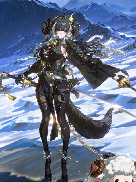 woman, sheep anthromorph, ram beast, white and black coat of cotton, blue talisman on her ram horns, puppy down ears, snowy mountain, large breasts, fullbody, slean model body, long legs, long black cape, cute pelvic curtain dress, cute chain belt on her w...