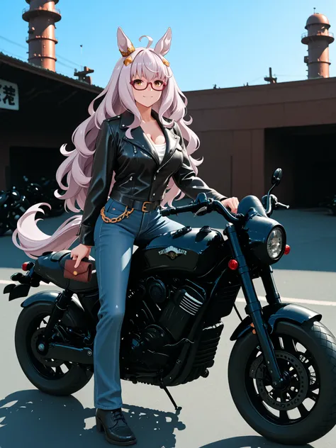 傑作、biwa hayahide(uma musume), yabuki、高品質、8K、1人の女の子, Scout Bobber, Leather jacket, denim pants, wallet chain, ride motorcycle, factory background