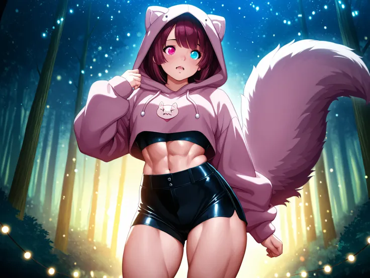 An anthropomorphic adult girl, adorable and attractive., anime style/semi-realistic. Species: slut with soft fur in pastel or natural tones. Big, expressive eyes with heterochromia. Slim but curvy body; Muscular yet feminine build, with toned legs and defi...