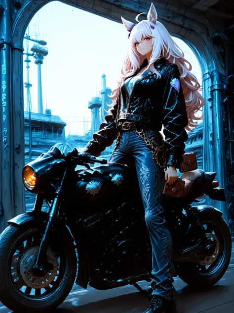 傑作、biwa hayahide(uma musume), yabuki、高品質、8K、1人の女の子, Scout Bobber, Leather jacket, denim pants, wallet chain, ride motorcycle, factory background
