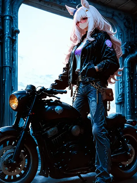 傑作、biwa hayahide(uma musume), yabuki、高品質、8K、1人の女の子, Scout Bobber, Leather jacket, denim pants, wallet chain, ride motorcycle, factory background