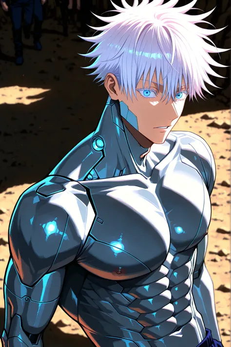 1man, gojou satoru /(jujustu kaisen/), detailed eyes, blue eyes, white hair, short hair, detailed eyelashes, colored eyelashes, sexy man, trained body, muscular, handsome, cool, mature man, solo, (ultra detailed), (high resolution), (best quality), ((maste...