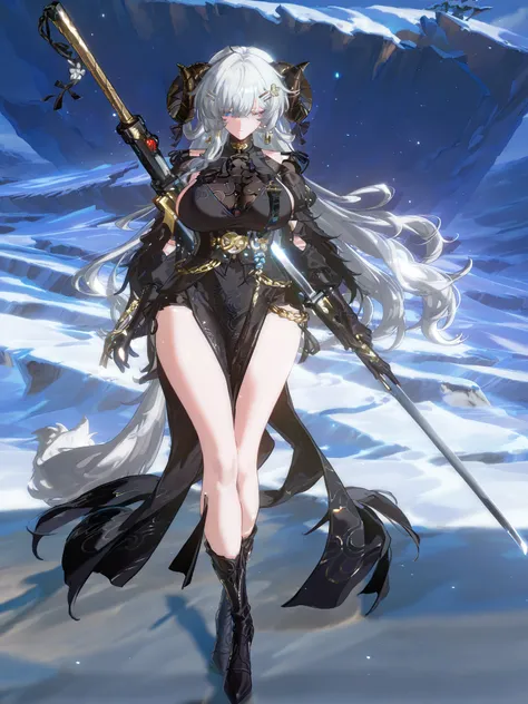 woman, sheep anthromorph, ram beast, white and black coat of cotton, blue talisman on her ram horns, puppy down ears, snowy mountain, large breasts, fullbody, slean model body, long legs, long black cape, cute pelvic curtain dress, cute chain belt on her w...