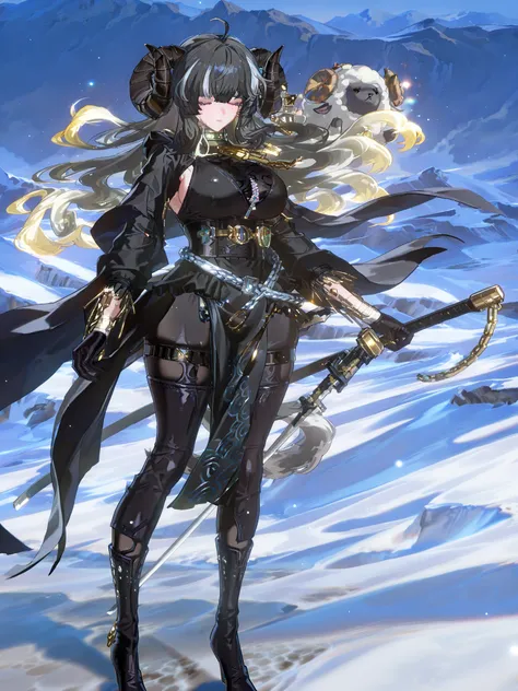 woman, sheep anthromorph, ram beast, white and black coat of cotton, blue talisman on her ram horns, puppy down ears, snowy mountain, large breasts, fullbody, slean model body, long legs, long black cape, cute pelvic curtain dress, cute chain belt on her w...