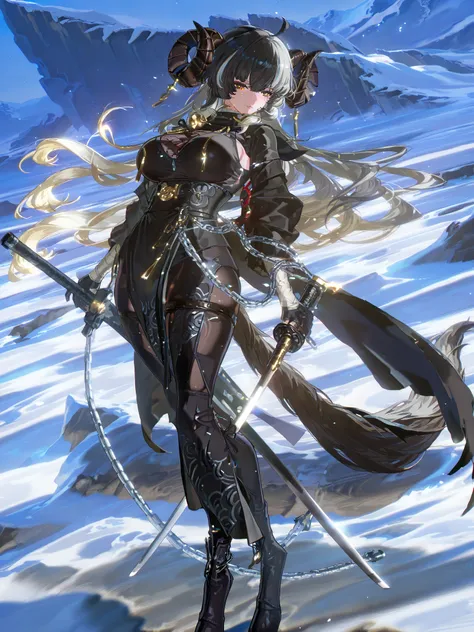 woman, sheep anthromorph, ram beast, white and black coat of cotton, blue talisman on her ram horns, puppy down ears, snowy mountain, large breasts, fullbody, slean model body, long legs, long black cape, cute pelvic curtain dress, cute chain belt on her w...