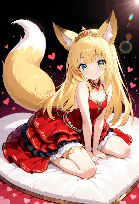 one girl, fox ears,fox tail,yellow long hair,cute,(masterpiece,Highest Quality),best smiles,red dress with luxurious embellishments,tiered skirt,princess,lens flare,dynamic angles that gather at your fingertips,heart background,full body,
