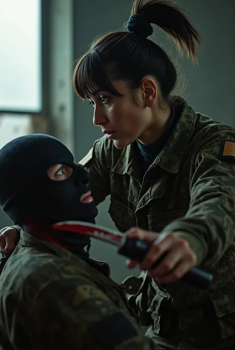 Realistic, real quality, beautiful woman, woman 20 year old, woman cuts neck boy, woman killing boy, blood splashed in neck boy, woman thick hair, woman hair bun very big, boy 25 year old, woman Delta force Camuflase white outfit, woman delta force armor, ...