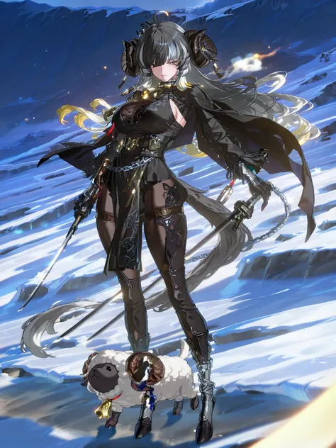 woman, sheep anthromorph, ram beast, white and black coat of cotton, blue talisman on her ram horns, puppy down ears, snowy mountain, large breasts, fullbody, slean model body, long legs, long black cape, cute pelvic curtain dress, cute chain belt on her w...