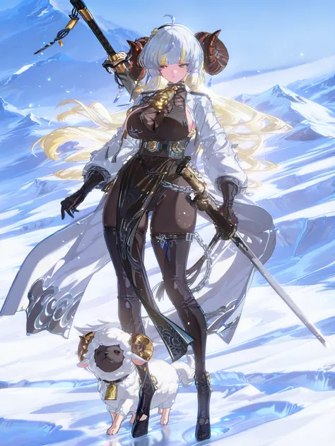 woman, sheep anthromorph, ram beast, white coat of cotton, blue talisman on her ram horns, puppy down ears, snowy mountain, large breasts, fullbody, slean model body, long legs, long cape, cute pelvic curtain dress, cute chain belt on her waist, holographi...