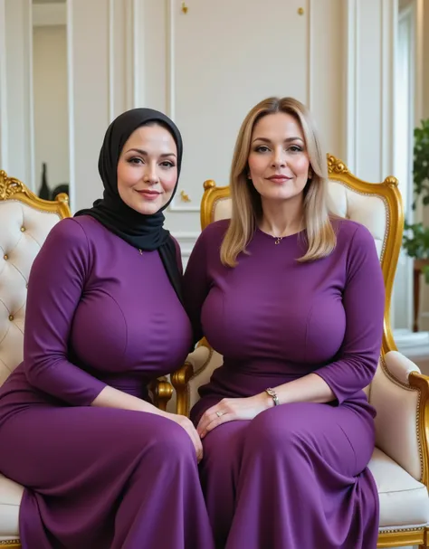 (((Two Woman with Massive Breast : 1.8, their age is Around 37 to 45)), (((Beauty Woman, Sugar Mother))),Wearing a long, straight, neat hijab,wearing purple Beautiful and elegant Muslim dress,Sitting together in luxurious chairs,Facing straight ahead of th...
