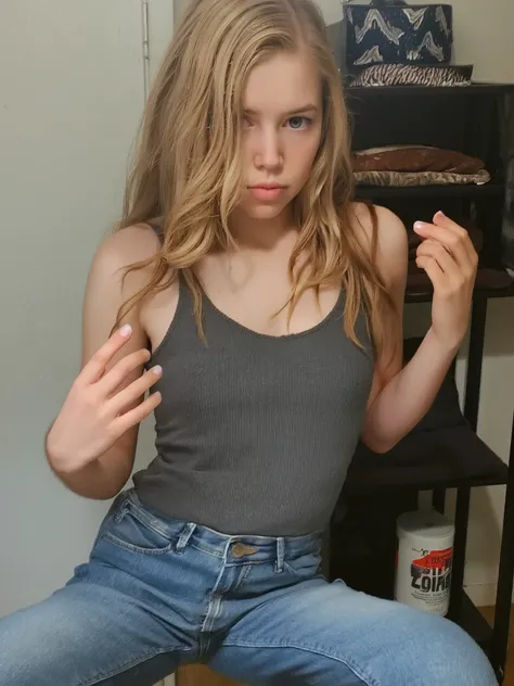 realistic photograph of ailattsf dressed as an adorable petite european girl wearing skinny jeans and a cute top, skinny body, pale skin,slender neck, freckles, wavey blonde hair, dainty girly hands, nail polish, slender legs, dainty girly feet,