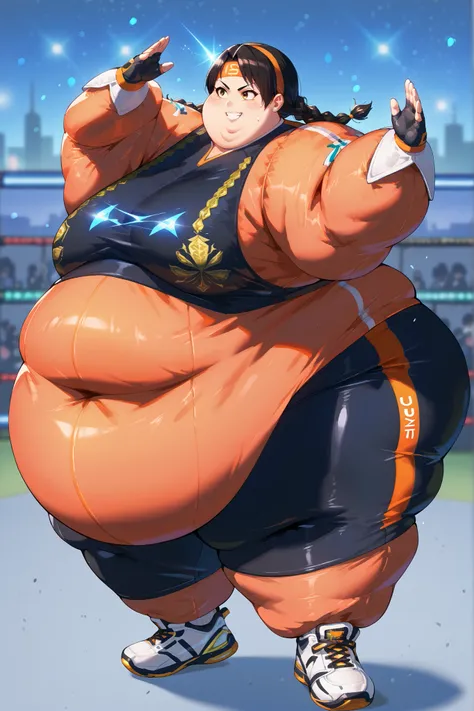 masterpiece, best quality, 1girl, solo, absurdres, 
large breasts,
xiaoyu,
black hair, brown eyes, twin braids, dark skin,
dougi, sneakers, spandex, headband, fingerless gloves
 high up, standing on one foot, poised before executing a spinning kick, cinema...