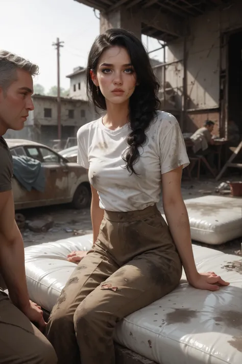 1 girl, abandoned building, dirty old mattresses, in men's clothes, her clothes are too big, square, black hair, black eyes, sitting on the mattress, awkward pose