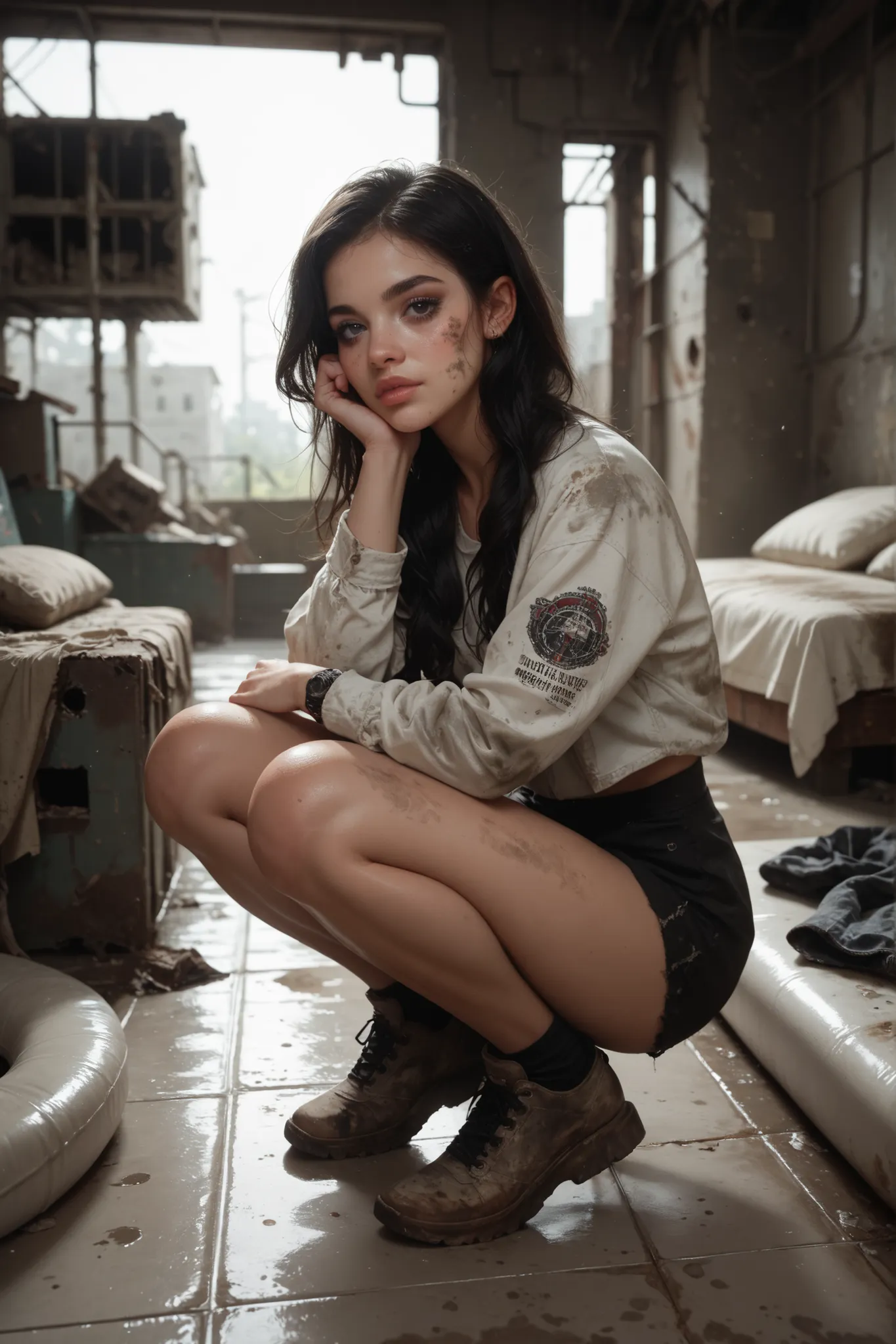 1 girl, abandoned building, dirty old mattresses, clothes out of size, clothes too big for her, square, black hair, black eyes, sitting on a mattress, squatting