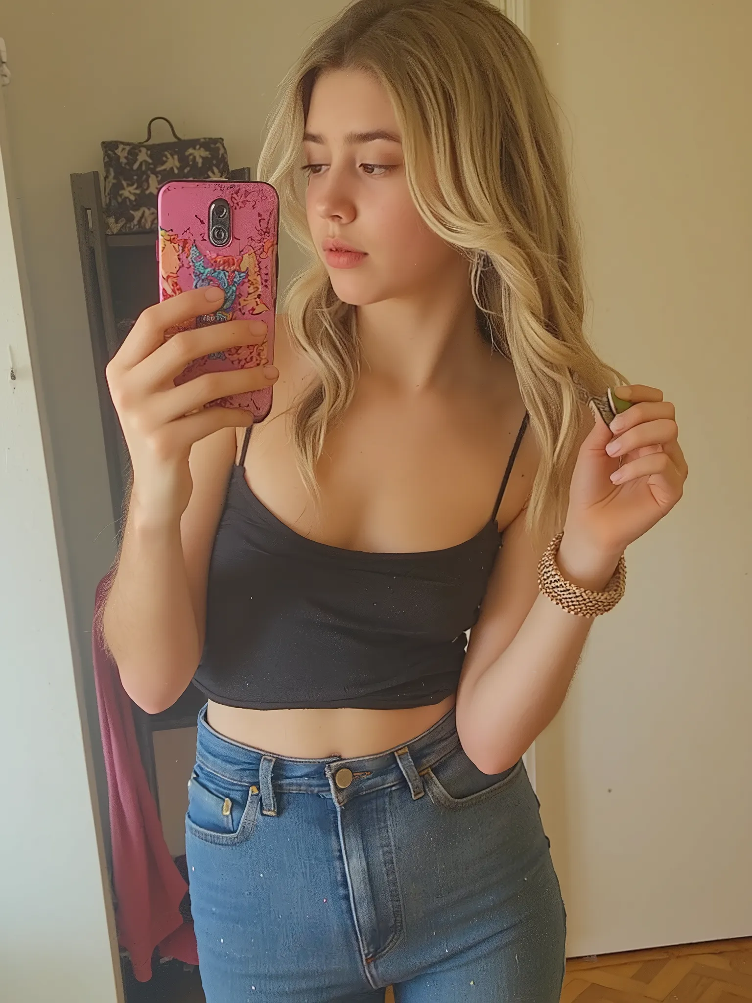 realistic photograph of ailattsf dressed as an adorable petite european girl wearing skinny jeans and a cute top, skinny body, pale skin,slender neck, freckles, wavey blonde hair, dainty girly hands, nail polish, slender legs, dainty girly feet, barefoot