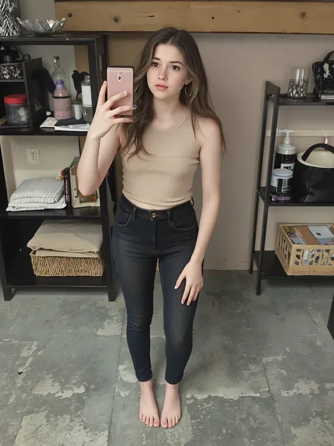 realistic photograph of ailattsf dressed as an adorable petite european girl wearing skinny jeans and a cute top, skinny body, pale skin,slender neck, freckles, wavey blonde hair, dainty girly hands, nail polish, slender legs, dainty girly feet, barefoot