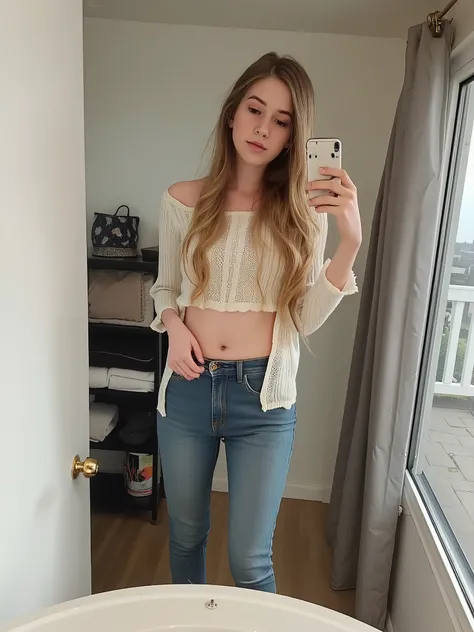 realistic photograph of ailattsf dressed as an adorable petite european girl wearing skinny jeans and a cute top, skinny body, pale skin,slender neck, freckles, wavey blonde hair, dainty girly hands, nail polish, slender legs, dainty girly feet, barefoot