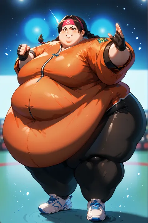masterpiece, best quality, 1girl, solo, absurdres,
large breasts,
xiaoyu,
black hair, brown eyes, twin braids, dark skin,
dougi, sneakers, spandex, headband, fingerless gloves
high up, standing on one foot, poised before executing a spinning kick, cinema...