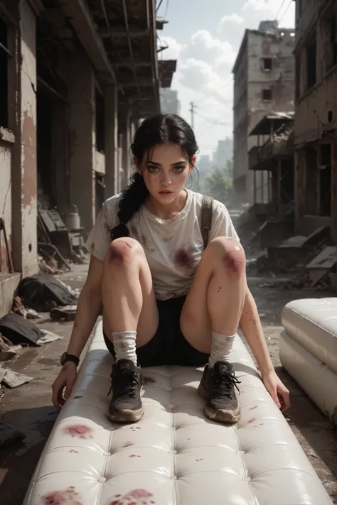 1 girl, abandoned building, dirty old mattresses, clothes out of size, clothes too big for her, bruised knees, abrasions, fire in the background, square, black hair, black eyes, sitting on a mattress, running
